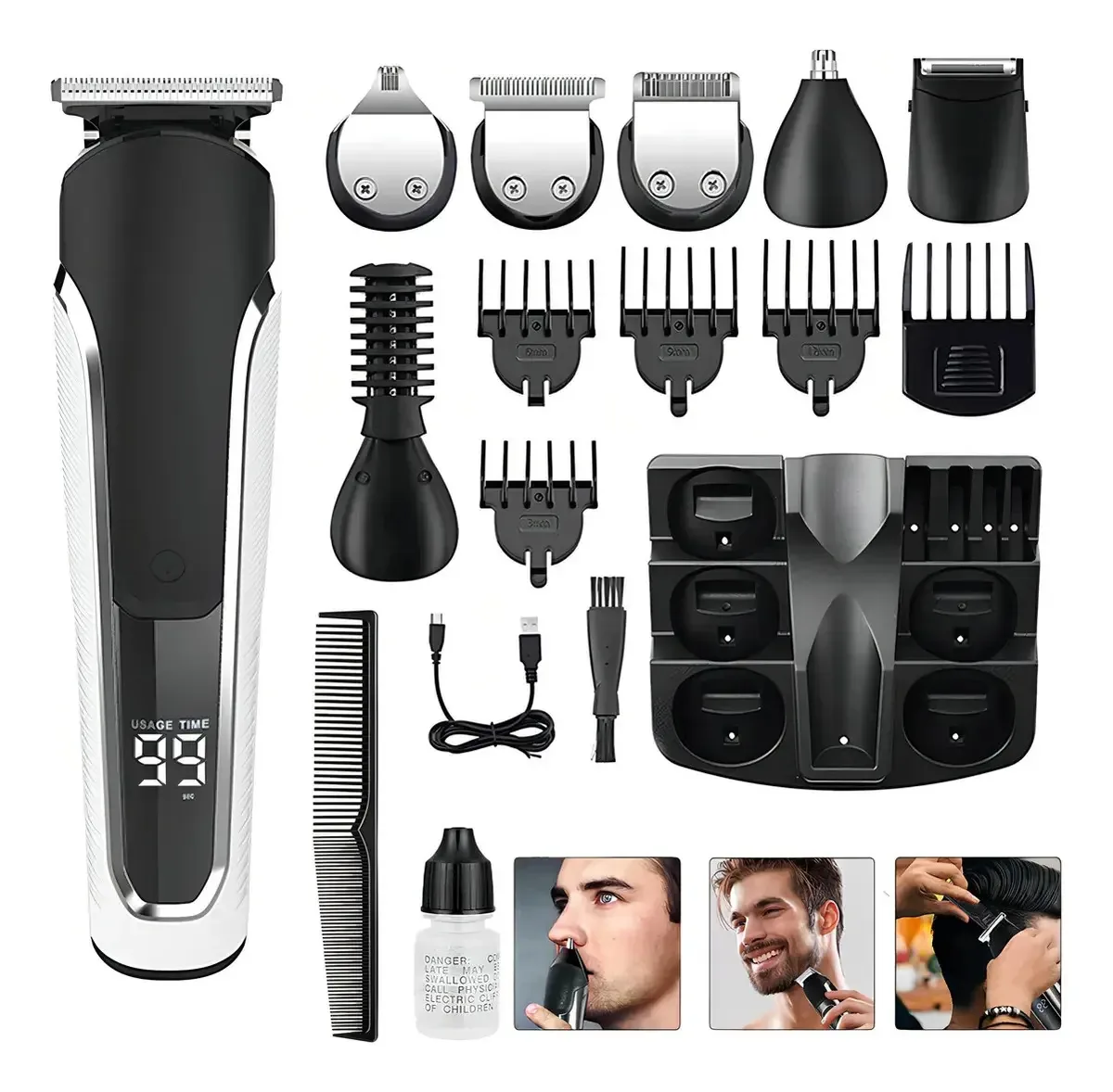 Barbeador elétrico, máquina de corte de barba, máquinas profissionais de corte de cabelo, kit de aparador de cabelo 16 em 1, com tela LED, adequado para rosto, cabelo e corpo