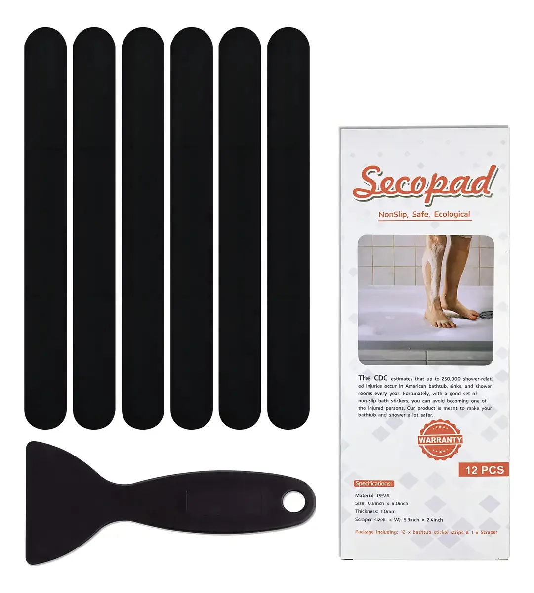 Tiras antiderrapantes para banheira e chuveiro com raspador