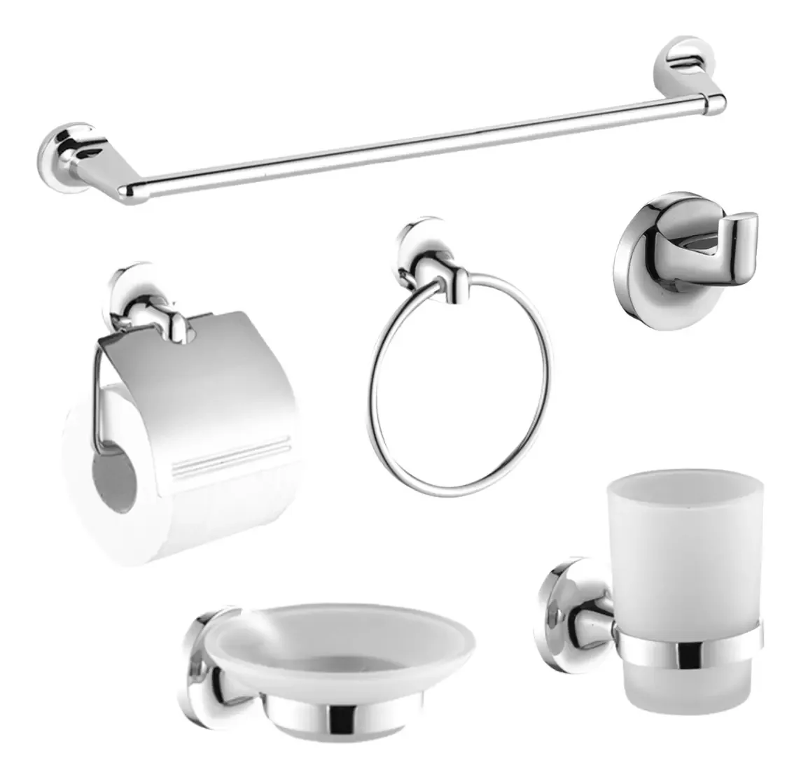 Kit de conjunto de 6 acessórios de banheiro completos em aço prateado brilhante