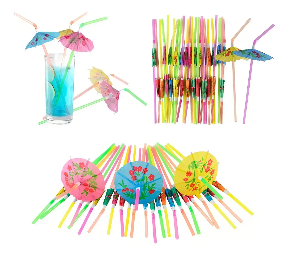 Kit Enfeite Canudos Cilíndricos Plástico Sombrinhas 24cm Rosa