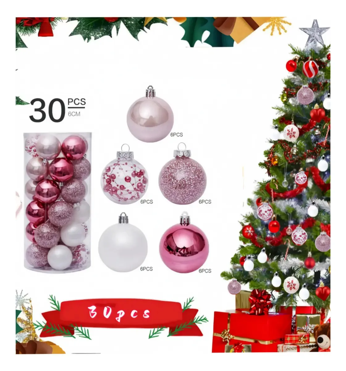 30 peças de esferas de Natal de plástico Decoração de árvore de Natal Esferas de plástico Esferas de Natal 30 esferas de Natal decoradas Decoração de Natal Esferas de Natal Árvore de Natal Rosa Branco