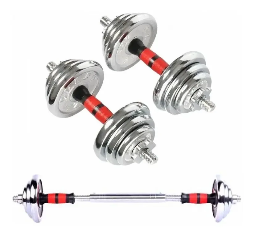 O kit de halteres pesa 20 kg. Conjunto de halteres cromados, cor cromada