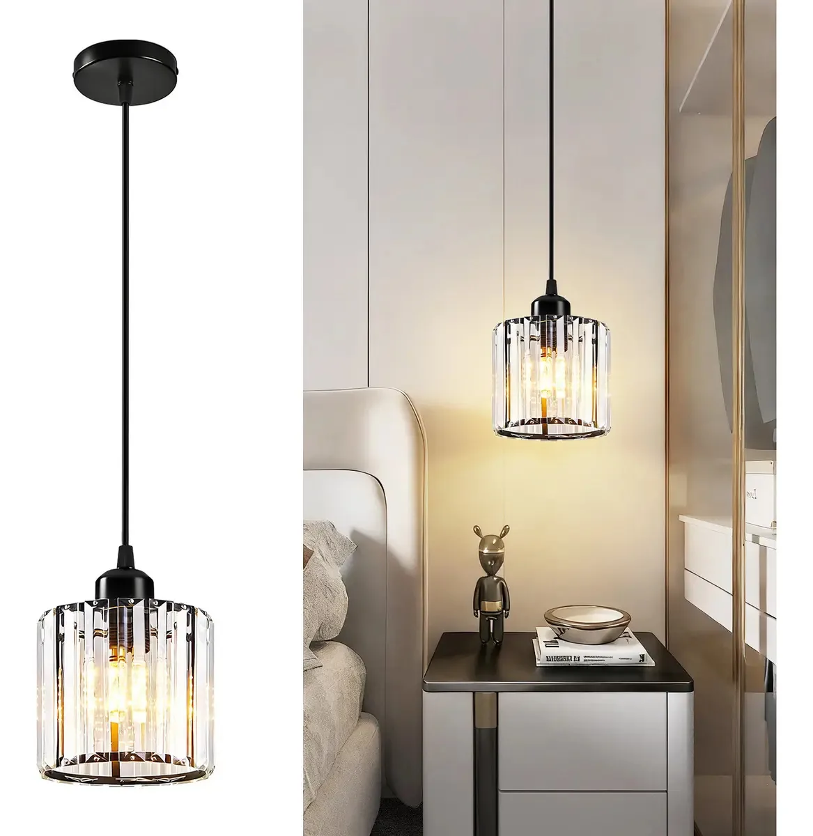 Lustre Pendente de Vidro Cristal, Luminaria Plafon E27 Cabo Ajustável 100cm, Luminária Moderna Decorativa para Bancada Ilha de Cozinha Sala de Jantar Quarto Apartamento Tieesa Preto