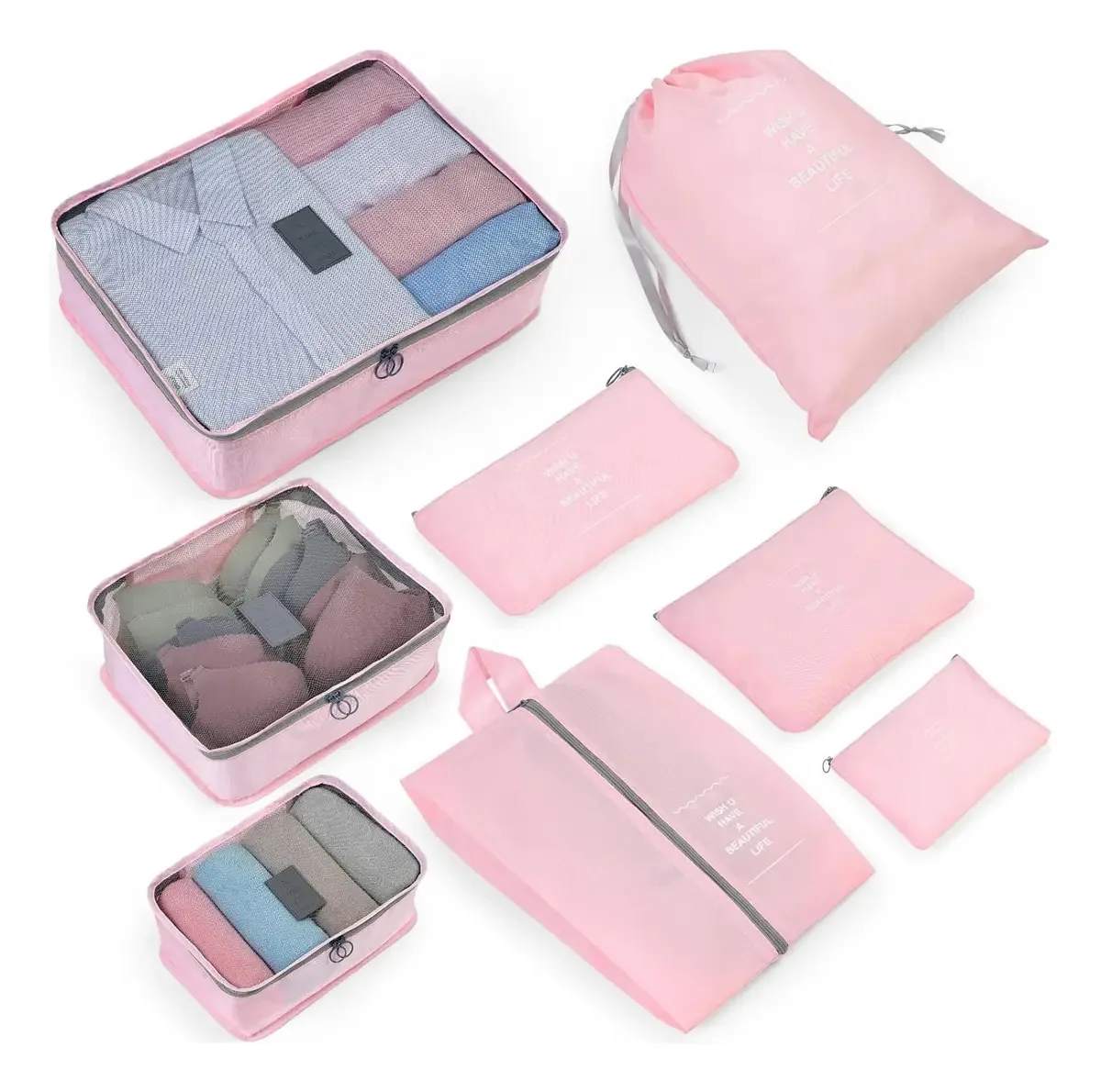 Tecido organizador de viagens Necessaires, 8 bolsas, cor rosa, design de tecido liso