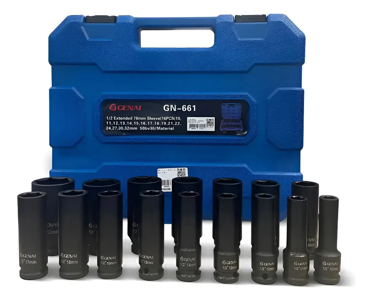Jogo Soquete Impacto Longo Profissional 1/2 10 A 32mm 16pcs