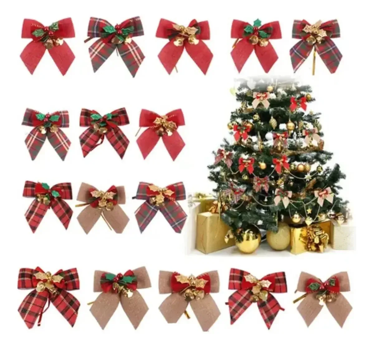 Conjunto SHD de 16 fitas de Natal com sinos e pratos decorativos vermelhos para enfeites de árvore de Natal, casa e festa