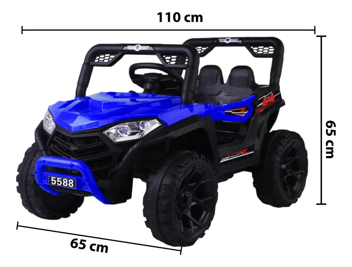 Car Jeep A Battery, controle remoto USB, luzes, música, 4 motores, cor azul