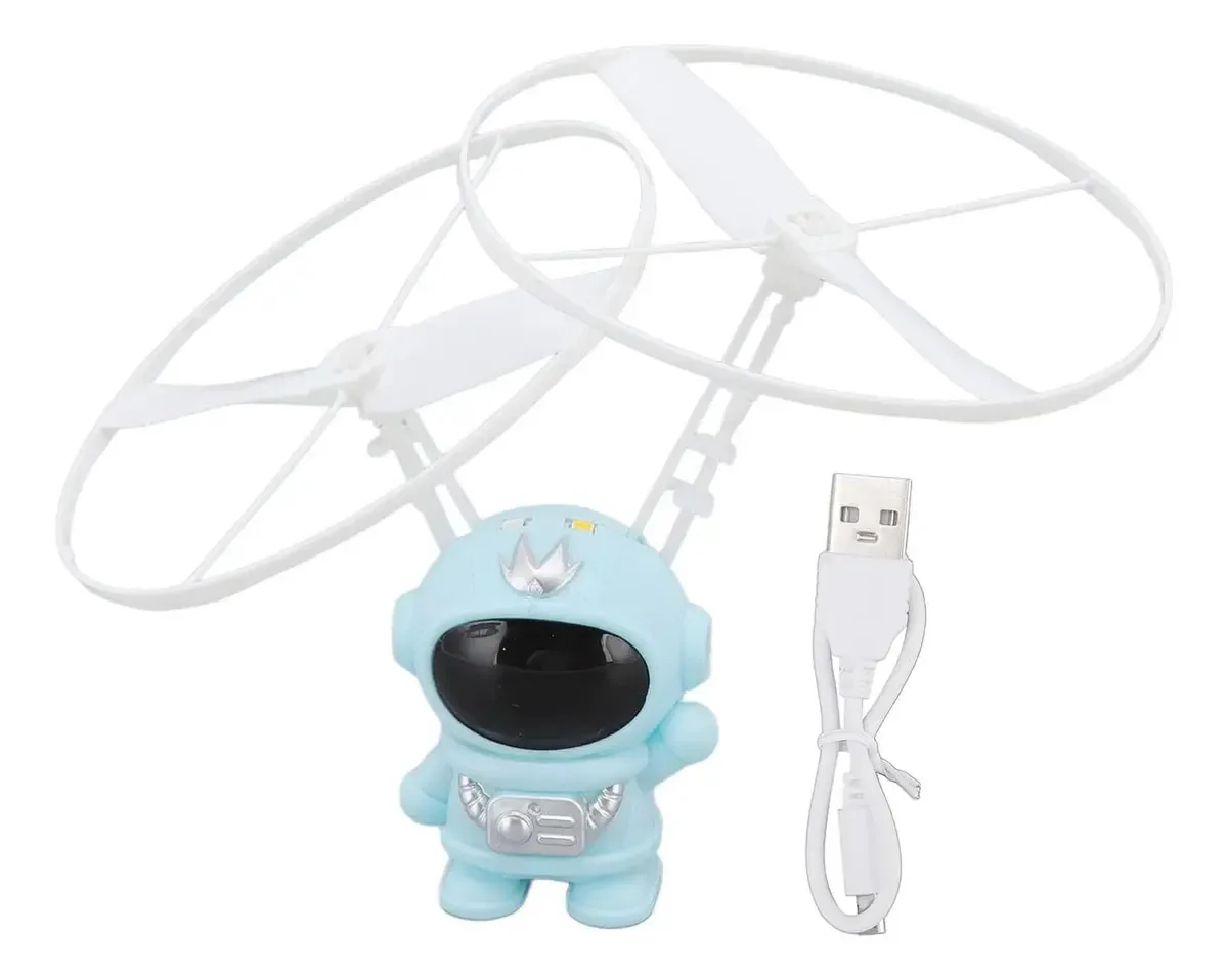 Astronauta, drone voador, brinquedo azul celeste