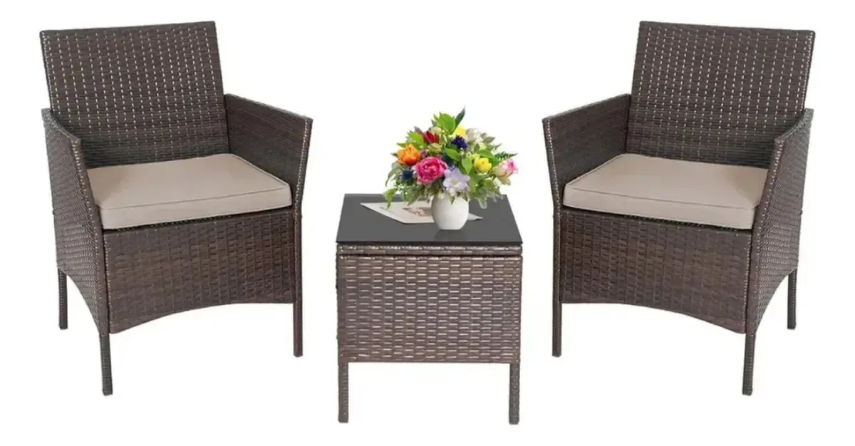 Conjunto de jardim de vime com 2 cadeiras e mesa de pátio ao ar livre
