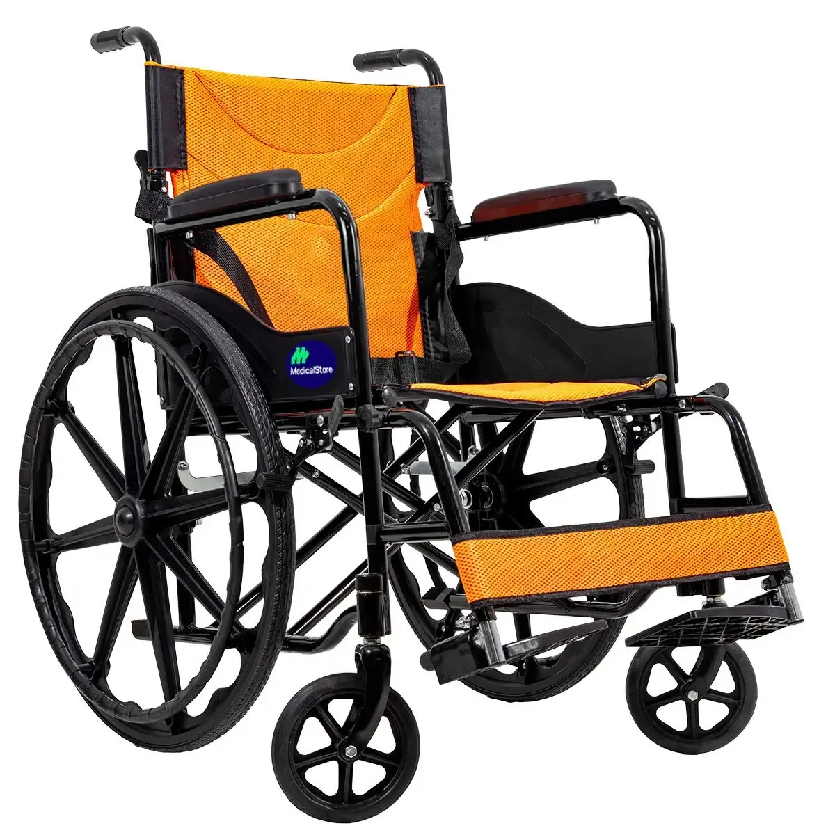Cadeira de rodas dobrável de luxo, compacta, todo-terreno, apoios de braços confortáveis, laranja segura