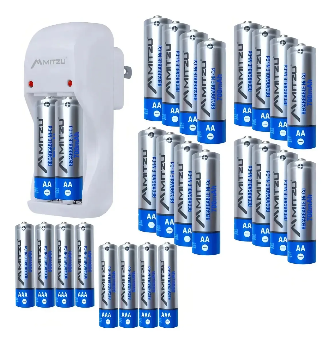 Carregador Mitzu com 26 baterias recarregáveis 8 Aaa e 18 Aa