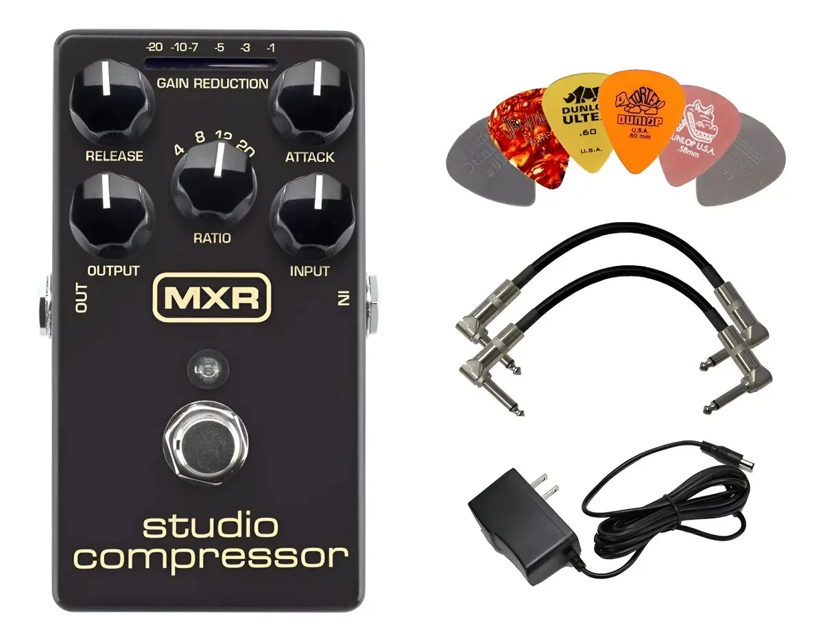 Compressor de guitarra analógico com medidor de LED e acessórios