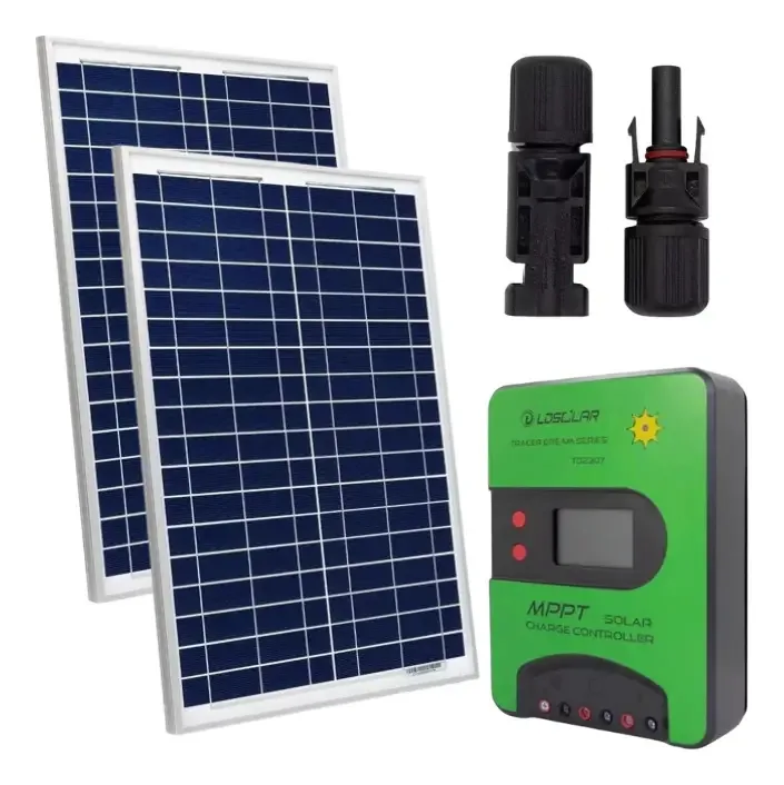 Kit solar de 2 painéis Policr.100W+regulador MPPT 30a+conec.mc4 Cor preto Tensão de circuito aberto 22,7v Tensão máxima do sistema 18,3v