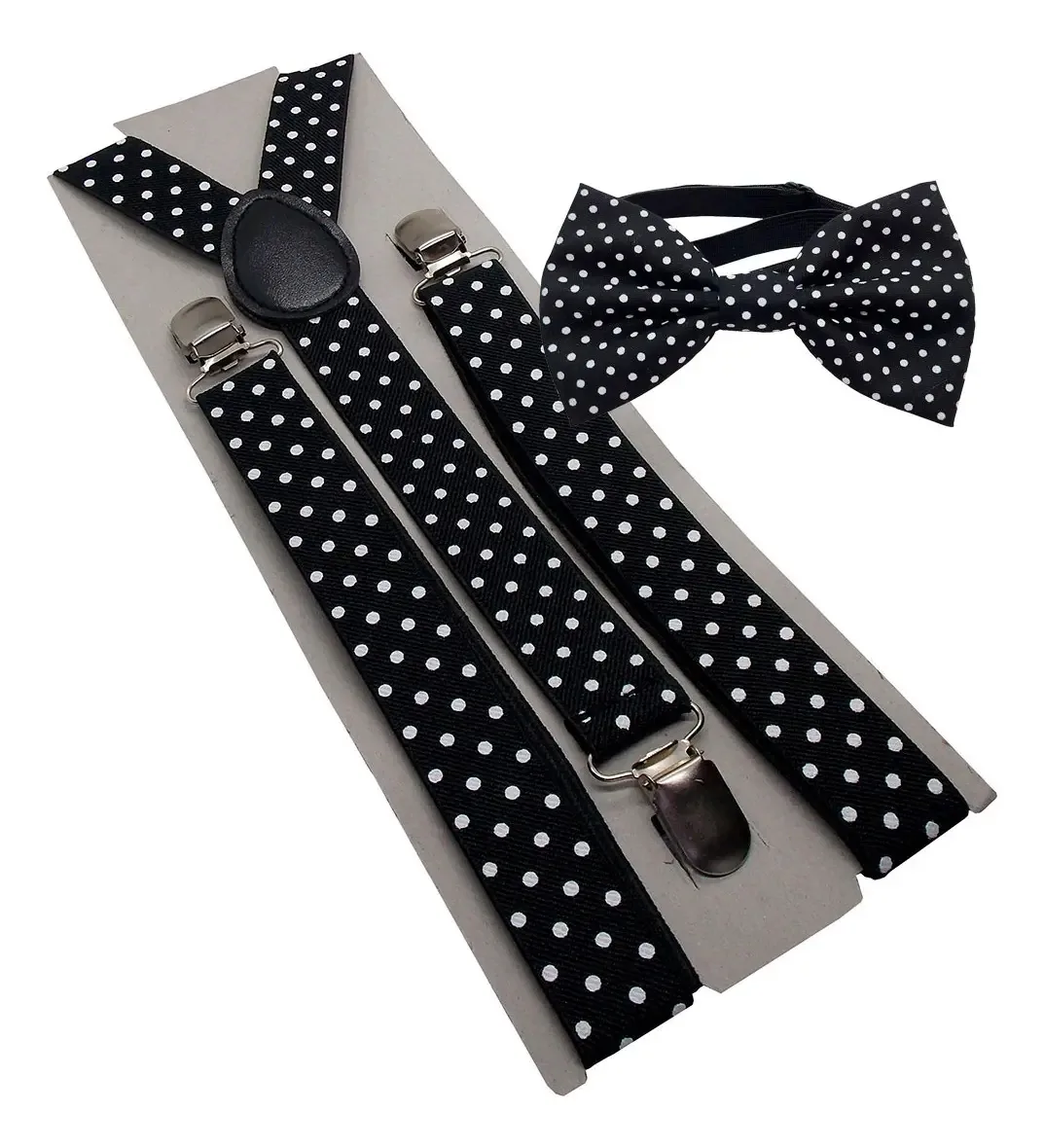 Kit Suspensório + Gravata Borboleta Preto Bolinhas Cor Preto Branco