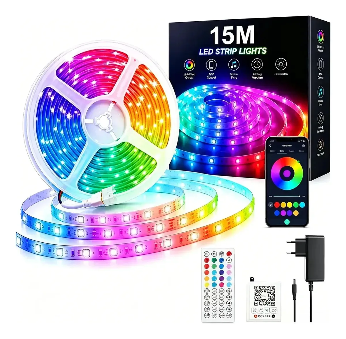 Fita De LED BYSL Bluetooth RGB De 15m Com Controle E Fonte Para Sanca, Nichos E Quarto