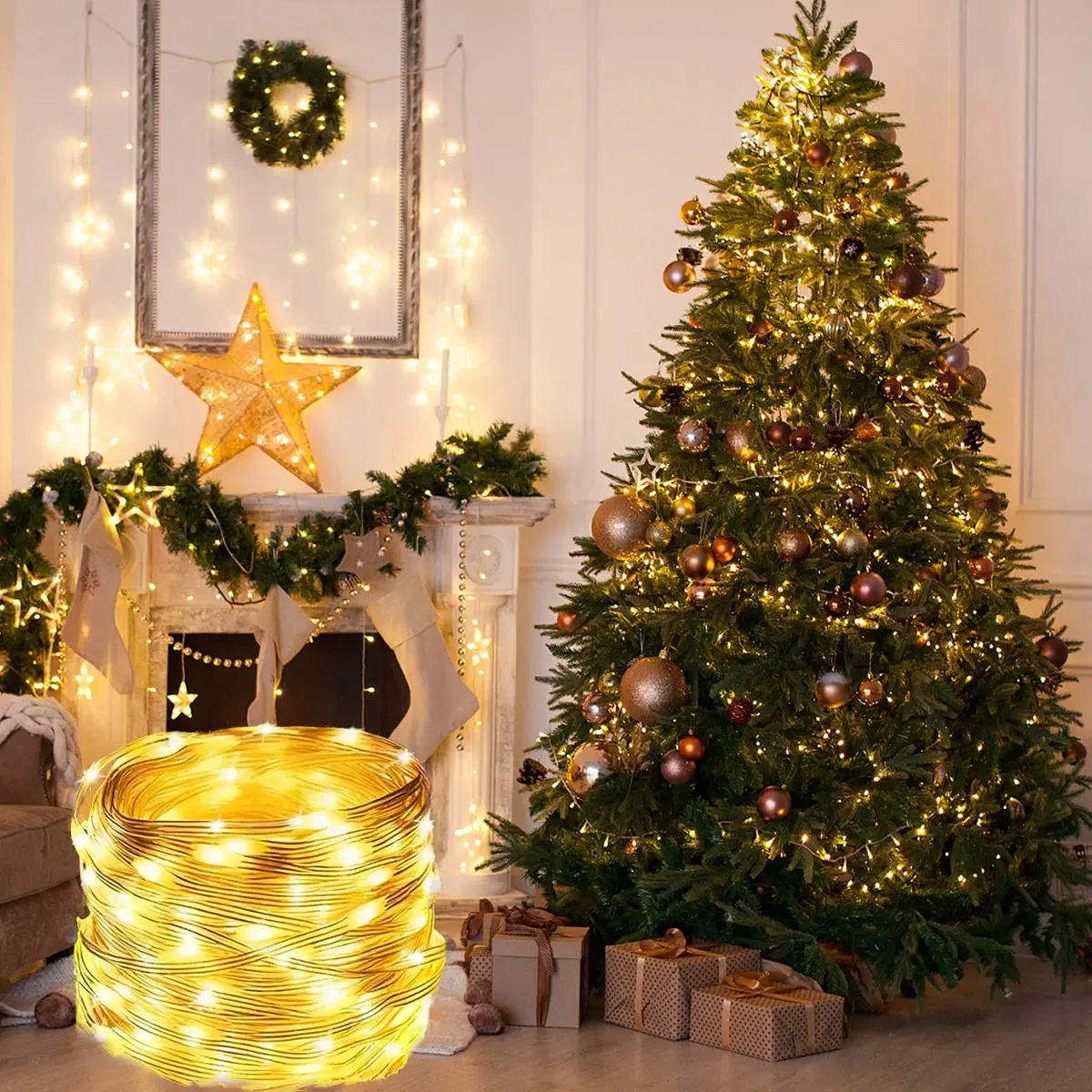 Cordão de Luz 400 LED Amarelo 50 Metros para Decoração Interior e Exterior
