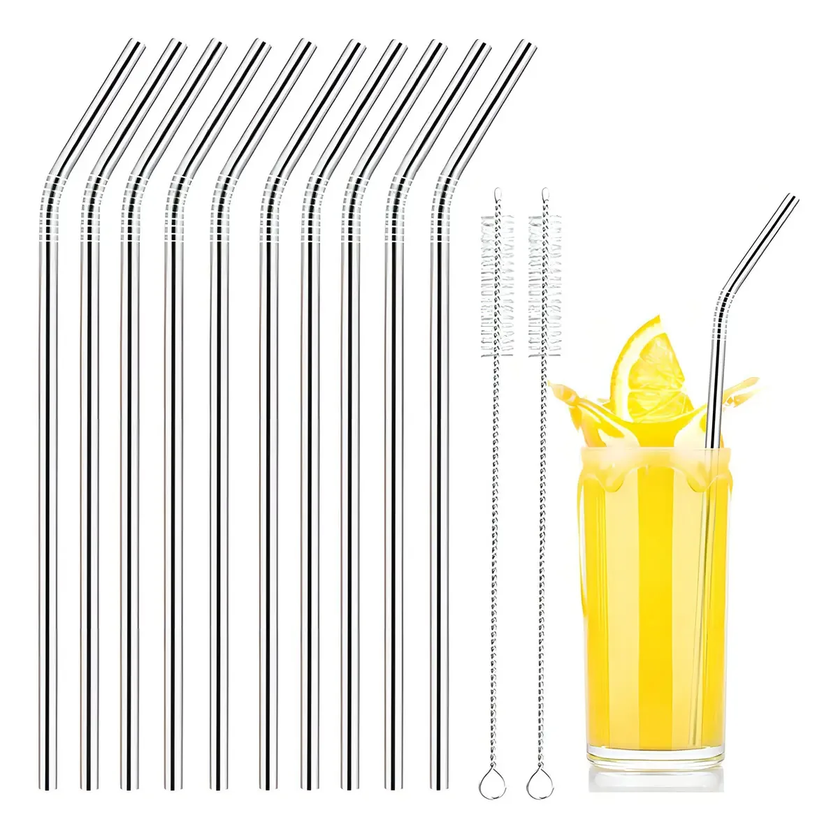 Kit 10 Canudos 2 Escovinhas De Limpeza Metal Aço Inoxidável
