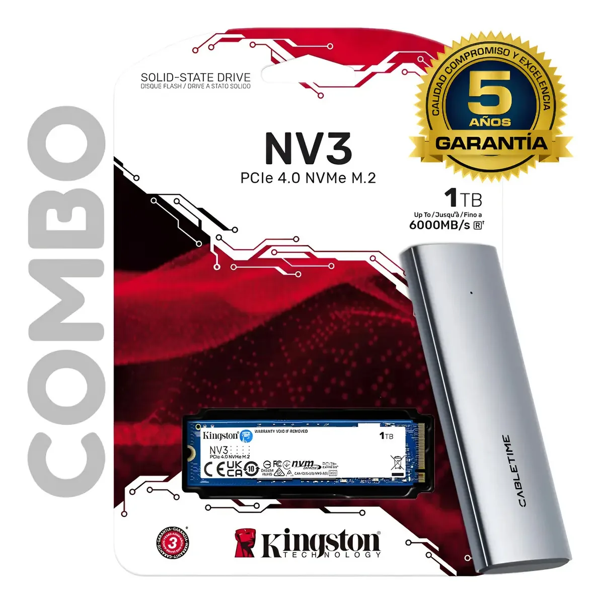 Disco SSD Kingston Nv3 M2 de 1 TB e capa SSD M2 Nvme Cabletime prateada