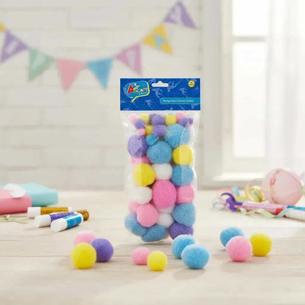 Pompons de cor pastel para artesanato escolar 75 em cores e tamanhos variados