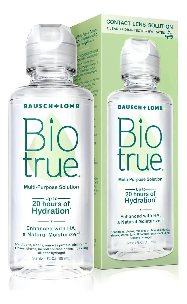 Solução de lentes de contato Biotrue, solução multiuso para lentes de contato gelatinosas, 4 onças líquidas, limpa e remove proteínas. Desinfetar