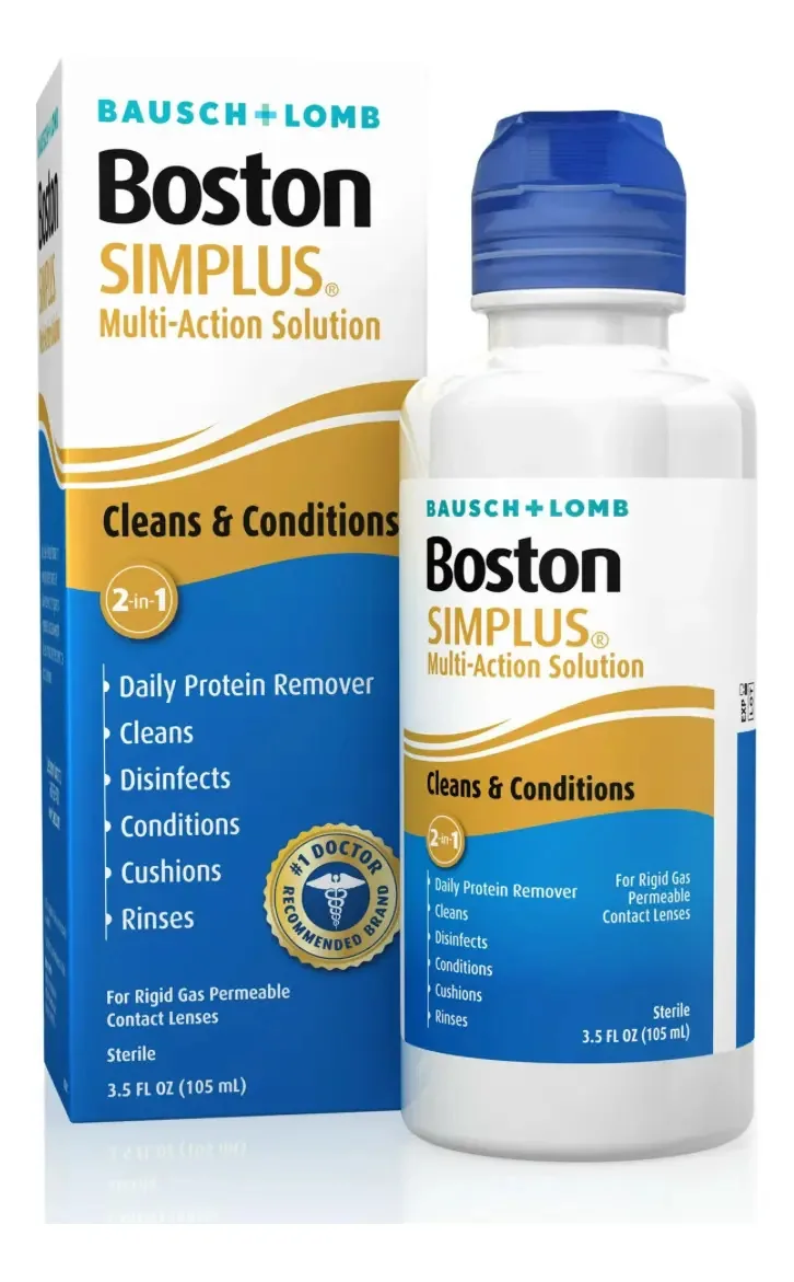 A solução multiação Bausch + Lomb Boston Simplus desinfeta