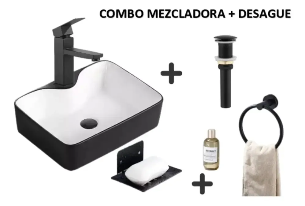 Lavatório preto e branco+misturador monocomando branco/preto escovado