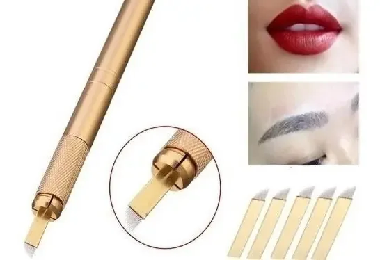 Kit Tebori + 5 agulhas de microblading para sobrancelhas douradas