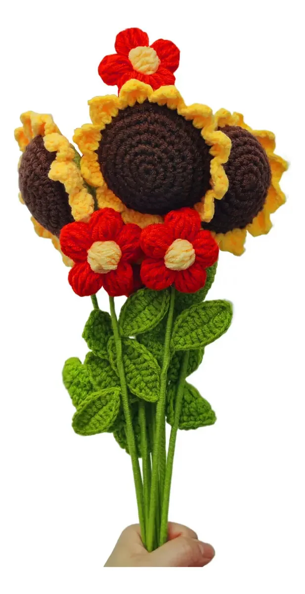Flores de crochê, buquê de girassol, fios de algodão, ornamentos de girassol e flores vermelhas