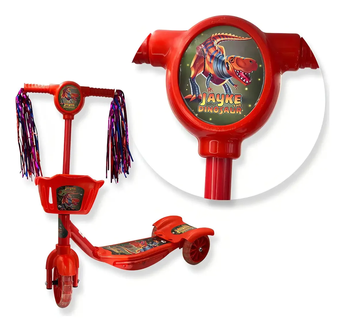 Patinete Infantil Vermelho Dinossauro Com Luzes E Com Som