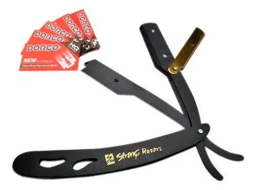 Lâmina de barbear metálica Barbera Matte Black +10 lâminas pretas/douradas R007