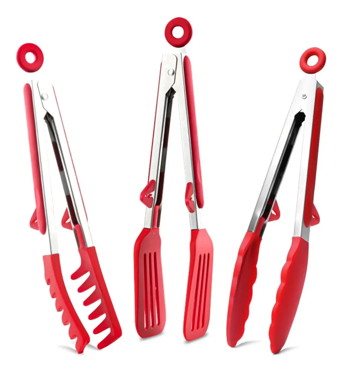 Pinças de cozinha em aço inoxidável e silicone, 3 peças, vermelhas