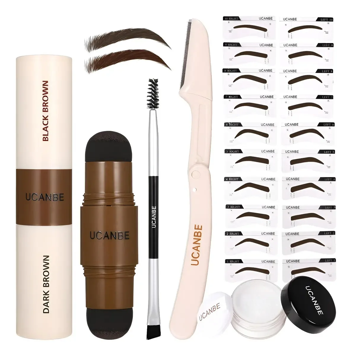 Kit de estêncil Ucanbe para estampagem e fixação de sobrancelhas em pó, cor de pó, marrom escuro/marrom preto