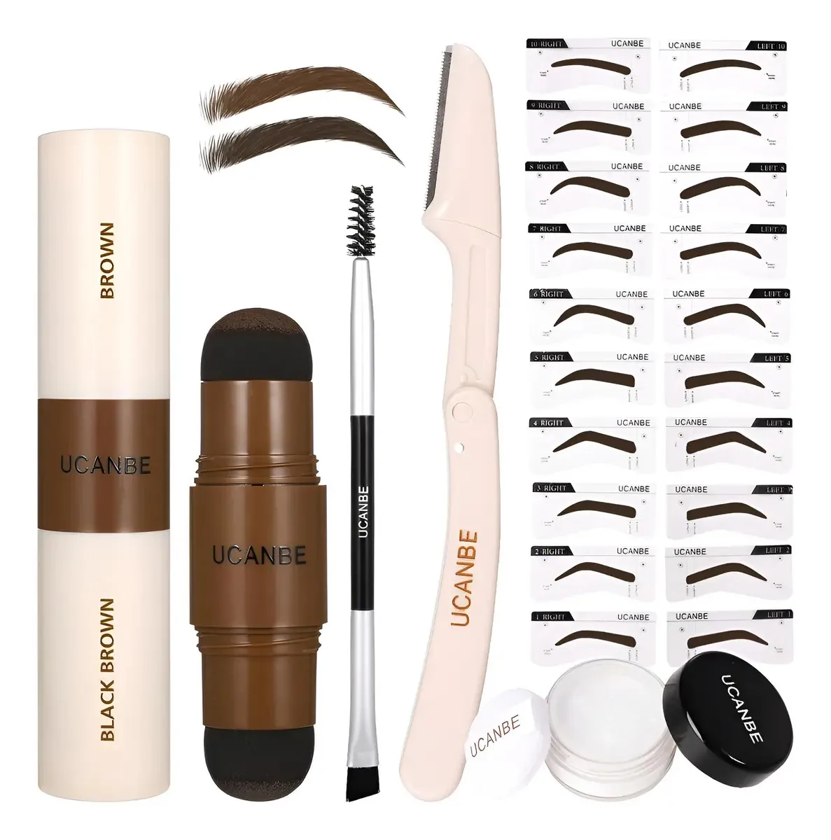 Kit de estêncil Ucanbe para estampagem e fixação de sobrancelhas em pó, cor marrom/preto, marrom