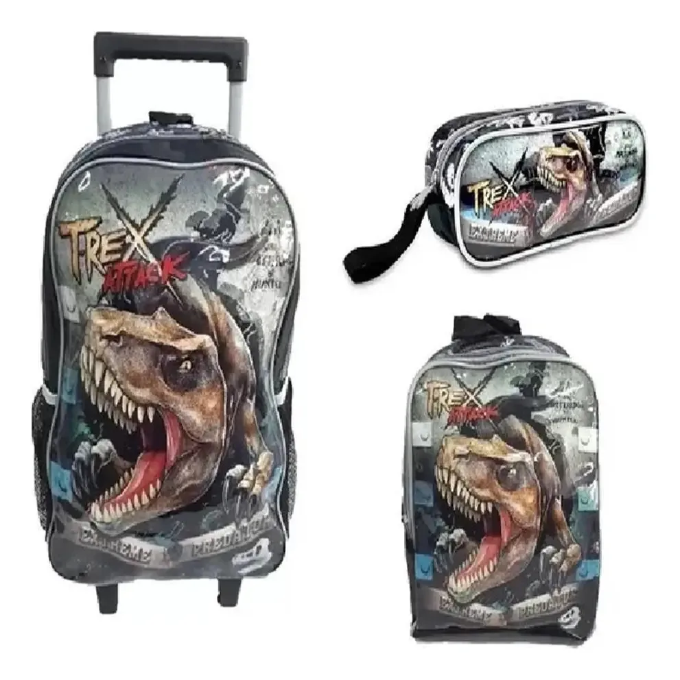 Kit Escolar Mochila Rodinhas, Lancheira, Estojo Dinossauro