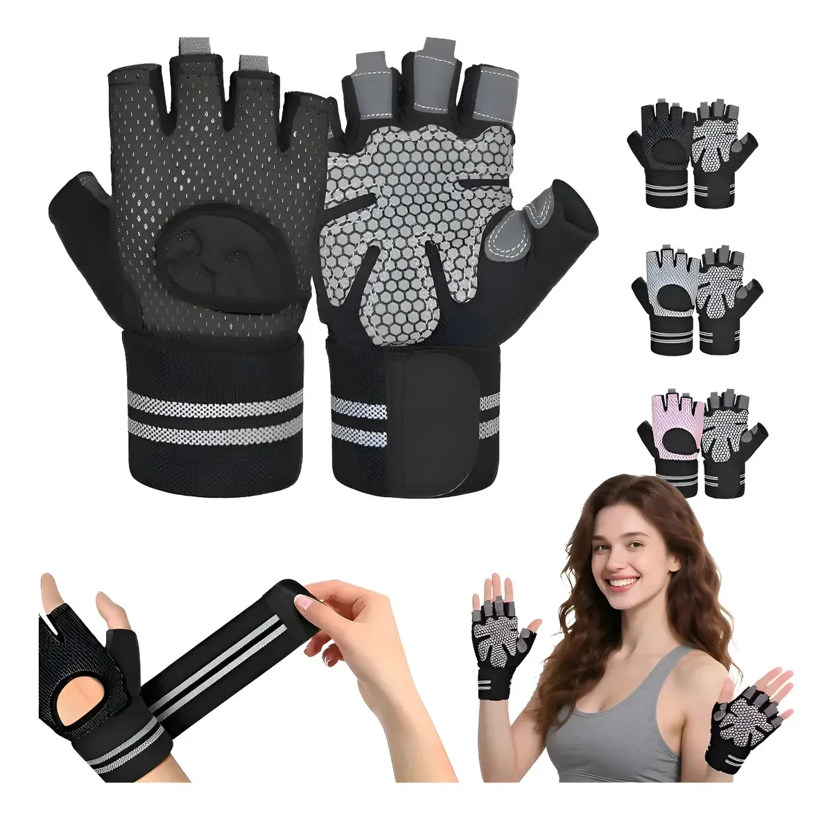 Luvas para ginástica, esportes, pesos, pulseiras para mulheres e homens, cor preta, tamanho S