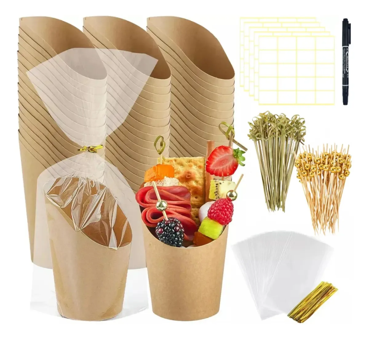 100 copos de charcutaria descartáveis com palitos e sacos marrons