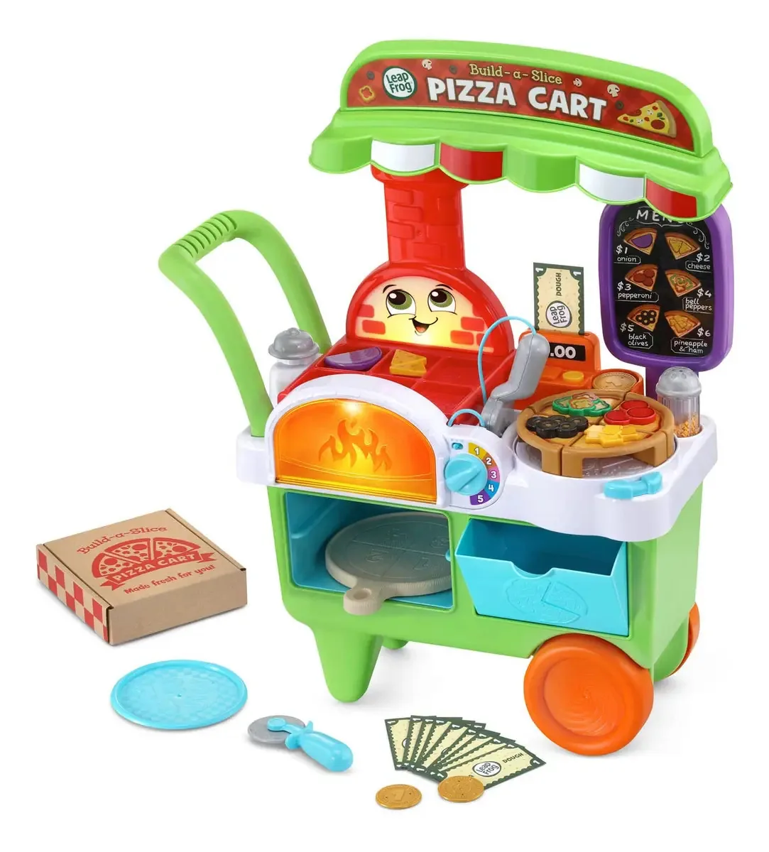 Carrinho de pizza de brinquedo Leapfrog Build-a-Slice com 6 ingredientes