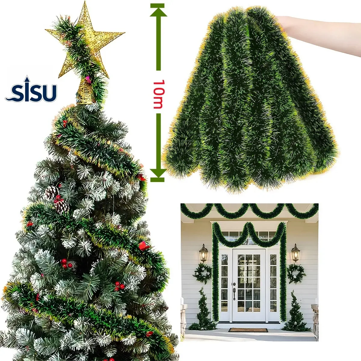 Coroas de Natal Sisu®, guirlandas de Natal, enfeites de árvore de Natal, adequadas para escadas, portas, jardins e áreas externas, impermeáveis, reutilizáveis — verde escuro com acabamento dourado...