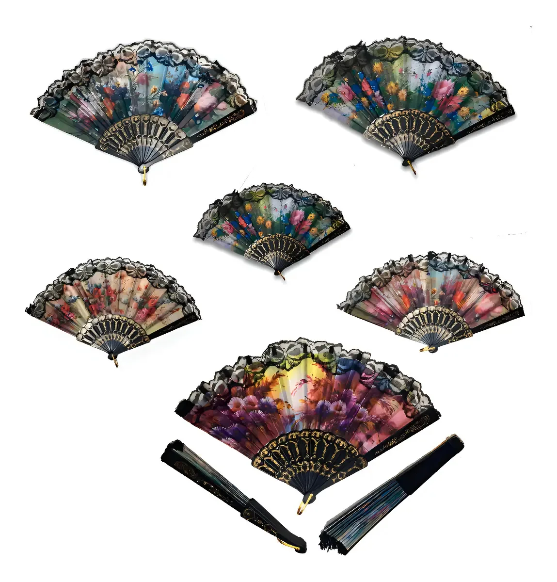 Kit 6 Leques De Mão Estampa Florida Estilo Oriental