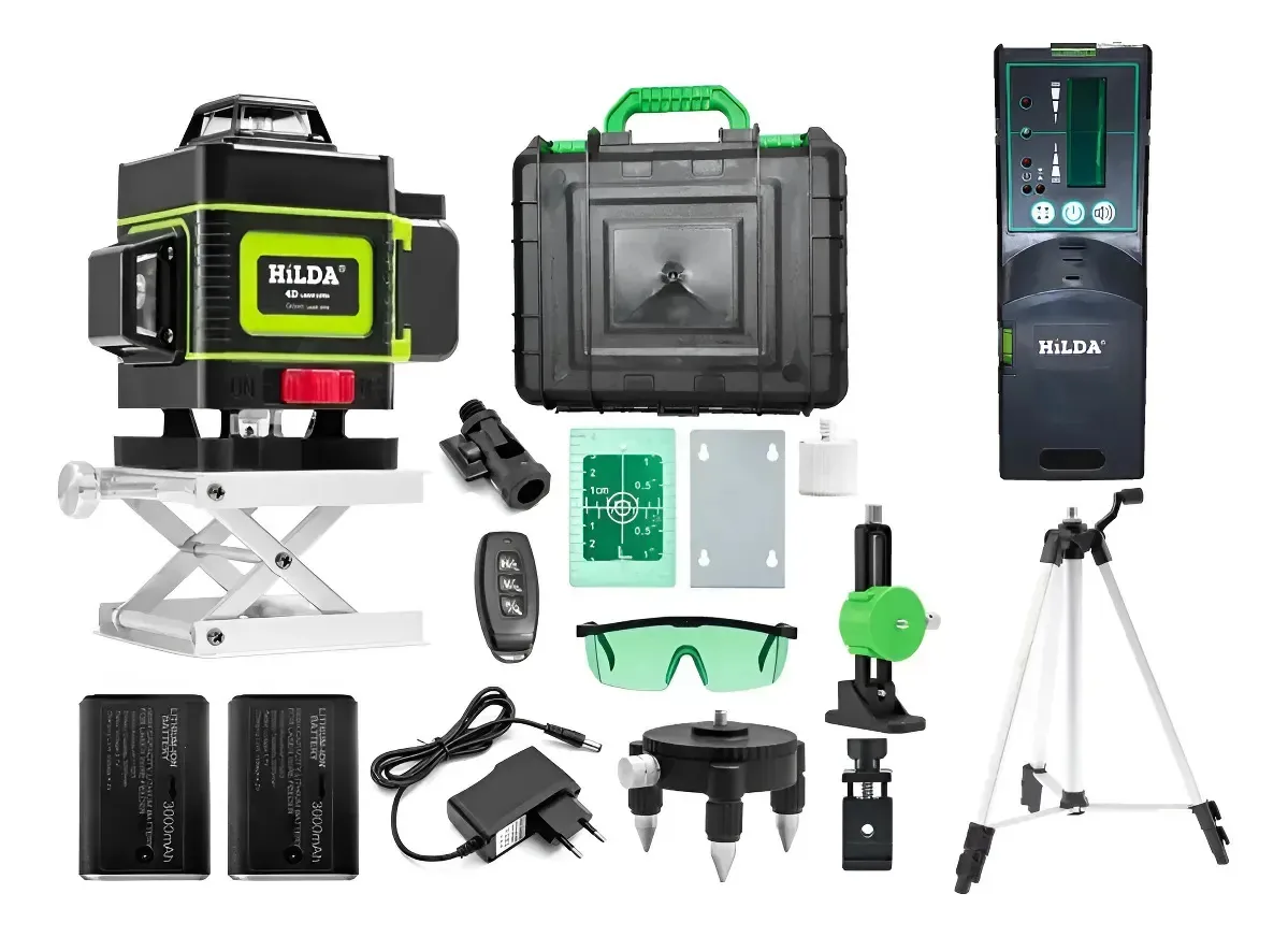 Nível A Laser 16 Linhas Verde Display Mostrado 4D 360 2 Baterias Recarregável Com Receptor Tripé De Alumínio Regulável 1,5m Área Externa Obra Nivelador Ponto Prumada Profissional