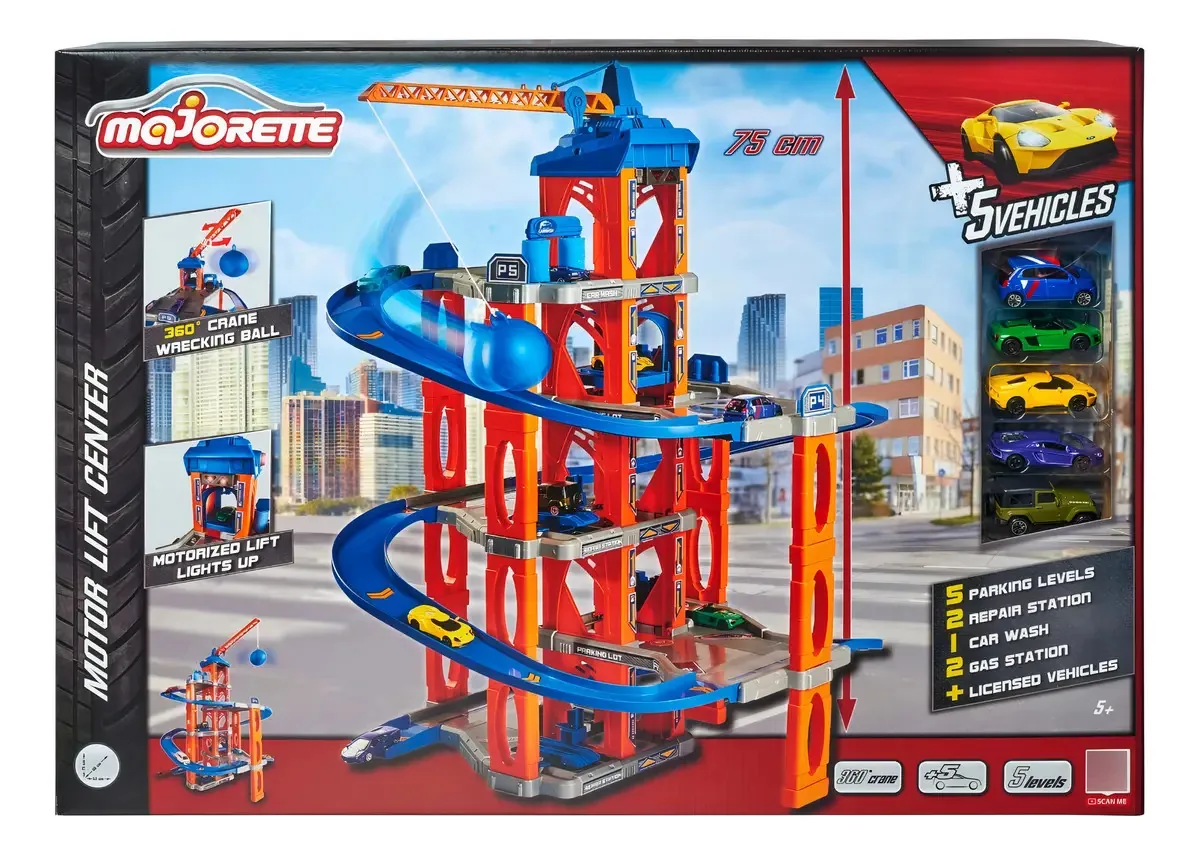Majorette - Centro de elevação motorizada. Pista de 5 níveis e 5 carros coloridos
