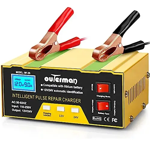 Carregador de bateria de carro e motocicleta, carregador de bateria automático inteligente, carregador de bateria de 12 V/24 V, carregador inteligente de reparo de pulso para carros, caminhões e...