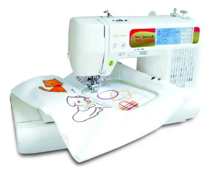Máquina de Costura e Bordado Doméstica Ss-1300 Bivolt Bordadeira Eletrônica Branca Sun Special Série Ouro Robusta e Resitênte