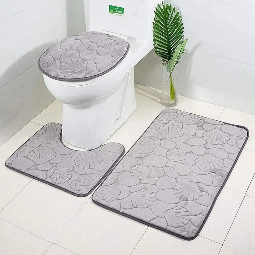 Boquite Carnaval de Dia dos Namorados Conjunto de 3 Tapetes de Banheiro - Tapetes de Banheiro Absorventes de Água com Impressão 3D de Concha - Antiderrapante, Lavável à Máquina (Cinza)