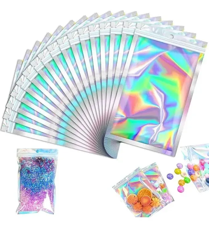 200 bolsas holográficas à prova de odor com fecho a laser Foofoo, bolsas de 9* 12 cm, bolsas transparentes, bolsas holográficas/bolsas holográficas