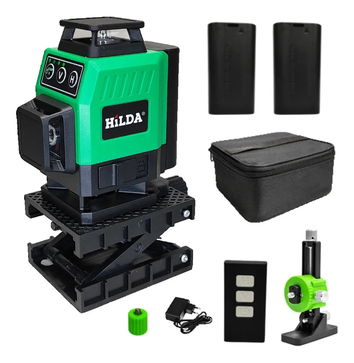 Nível A Laser 16 Linhas Verde Hilda 2 Baterias Controle Suporte Elevatória Suporte Magnético de parede Esquadro Laser