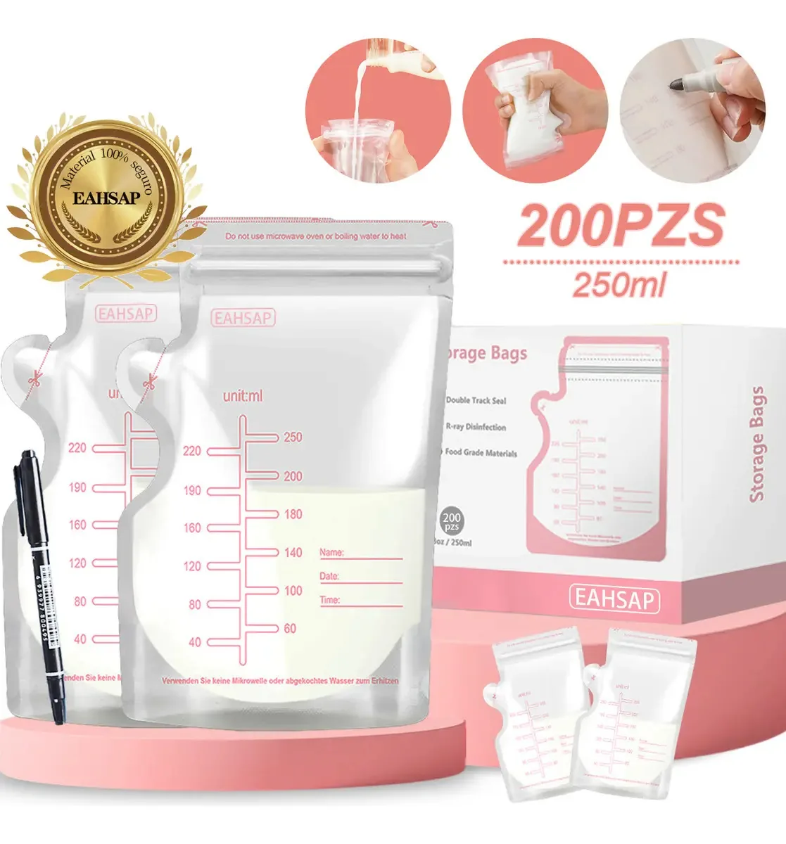Sacos De Armazenamento De Leite Materno Eahsap De 200 Unidades. 250 Ml De Material De Qualidade Alimentar Podem Ser Aquecidos E Vêm Com Marcadores