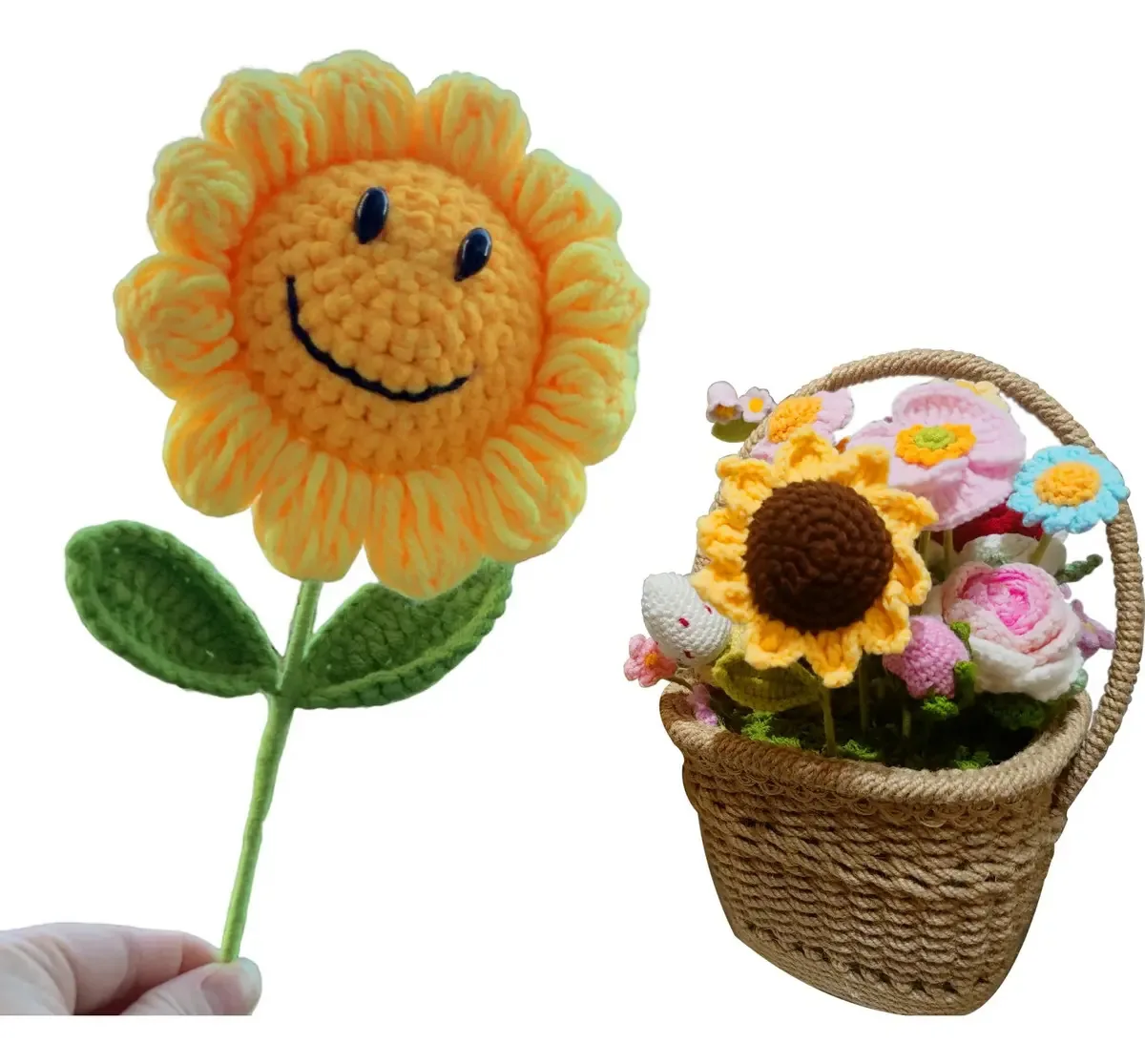 Flores de crochê, buquê de girassol, fios de algodão, ornamentos de girassol sorridentes
