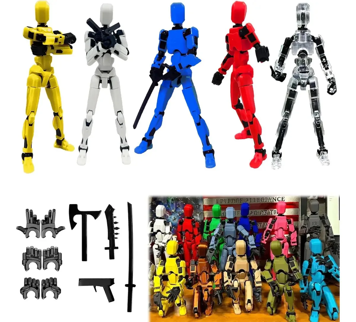 Figuras de ação articuladas impressas em 3D com acessórios