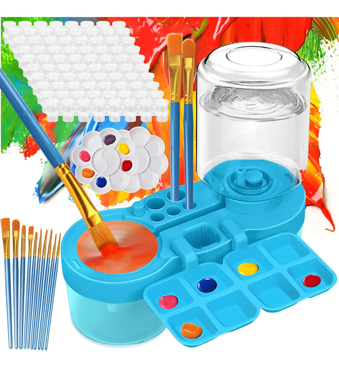 Conjunto de limpador de pincéis com pincéis e paletes, cerdas azuis